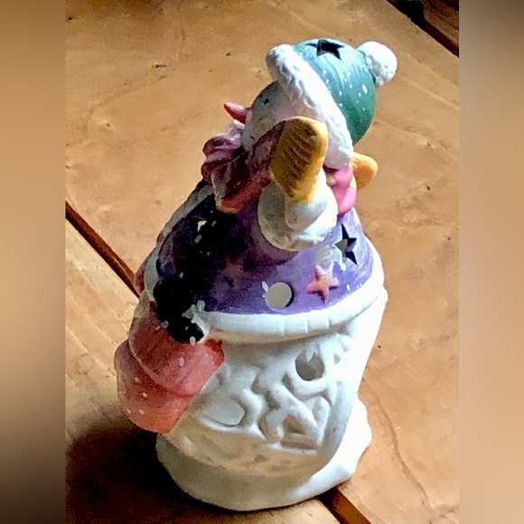 Christmas Winter Windy Snowman Purple Mix Cutout Ceramic Tea Light Candle Holder - Picture 4 of 5